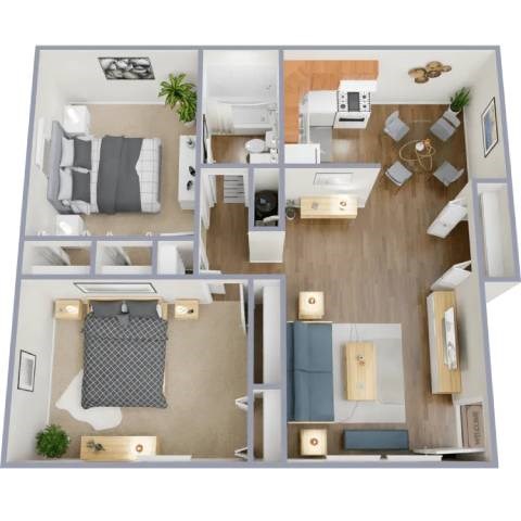 A top-down view of a modern apartment layout with a kitchen, living room, and bedroom.